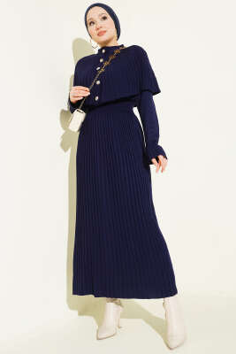 Pelerin Detaylı Pileli Triko Elbise Lacivert - KILIÇ TRİKO