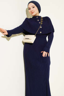 Pelerin Detaylı Pileli Triko Elbise Lacivert - Elbise