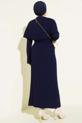 Pelerin Detaylı Pileli Triko Elbise Lacivert - Elbise