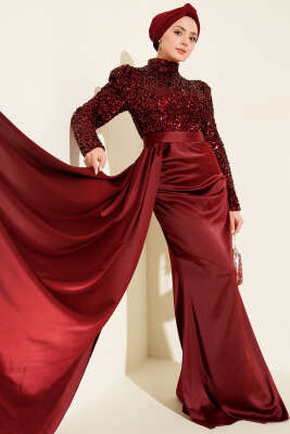 Pelerin Detaylı Pul Payet Abiye Elbise Bordo - CNR TEKSTİL