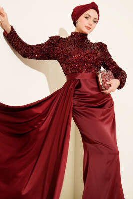 Pelerin Detaylı Pul Payet Abiye Elbise Bordo - Elbise