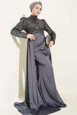 Pelerin Detaylı Pul Payet Abiye Elbise Füme - Elbise