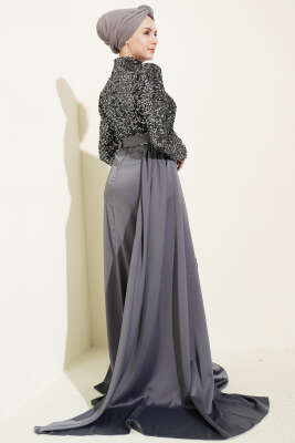 Pelerin Detaylı Pul Payet Abiye Elbise Füme - Elbise
