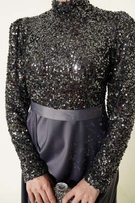 Pelerin Detaylı Pul Payet Abiye Elbise Füme - Elbise