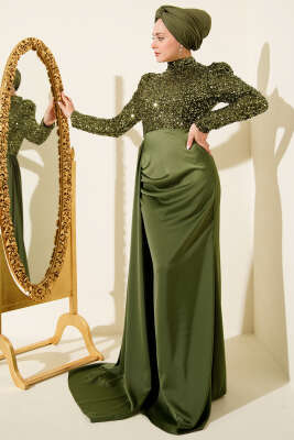 Pelerin Detaylı Pul Payet Abiye Elbise Haki - CNR TEKSTİL