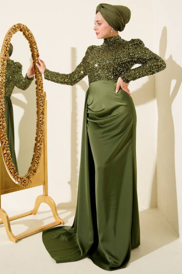 Pelerin Detaylı Pul Payet Abiye Elbise Haki - Elbise