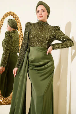 Pelerin Detaylı Pul Payet Abiye Elbise Haki - Elbise