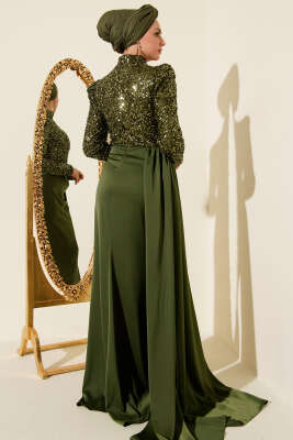 Pelerin Detaylı Pul Payet Abiye Elbise Haki - Elbise