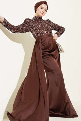 Pelerin Detaylı Pul Payet Abiye Elbise Kahve 