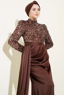 Pelerin Detaylı Pul Payet Abiye Elbise Kahve - Elbise