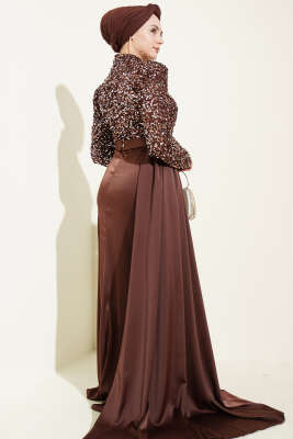 Pelerin Detaylı Pul Payet Abiye Elbise Kahve - Elbise