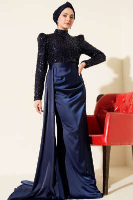 Pelerin Detaylı Pul Payet Abiye Elbise Lacivert - Elbise