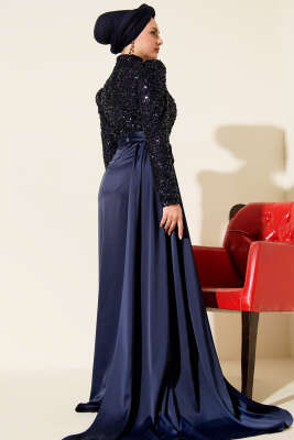 Pelerin Detaylı Pul Payet Abiye Elbise Lacivert - Elbise