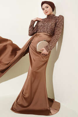 Pelerin Detaylı Pul Payet Abiye Elbise Latte 