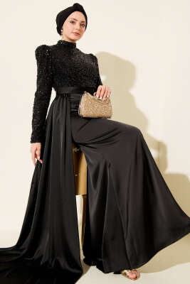 Pelerin Detaylı Pul Payet Abiye Elbise Siyah - CNR TEKSTİL