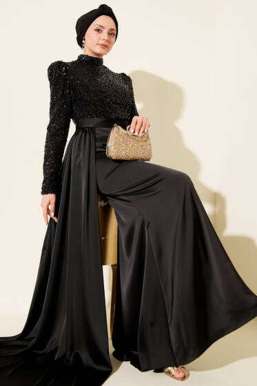 Pelerin Detaylı Pul Payet Abiye Elbise Siyah - Elbise