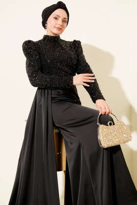 Pelerin Detaylı Pul Payet Abiye Elbise Siyah - Elbise