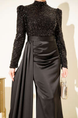 Pelerin Detaylı Pul Payet Abiye Elbise Siyah - Elbise