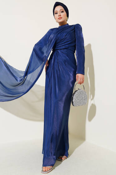 Pelerin Detaylı Şifon Abiye Elbise Lacivert - Elbise