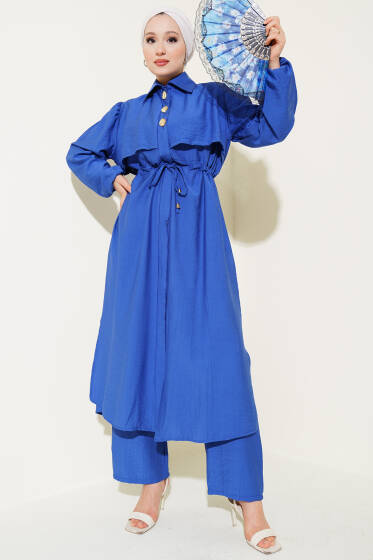 Pelerin Detaylı Uzun Tunik İkili Takım Saks - İkili Takım