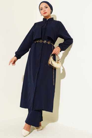 Pelerin Detaylı Uzun Tunikli Dabıl İkili Takım Lacivert - İkili Takım