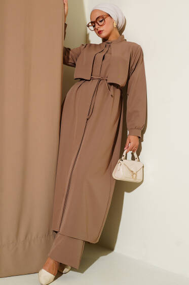 Pelerin Detaylı Uzun Tunikli Dabıl İkili Takım Latte - İkili Takım