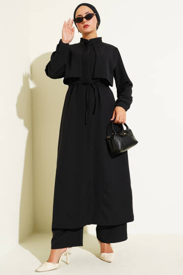 Pelerin Detaylı Uzun Tunikli Dabıl İkili Takım Siyah - İkili Takım