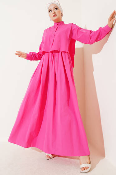 Pelerin Detaylı Yarım Düğmeli Elbise Fuşya - Elbise
