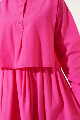 Pelerin Detaylı Yarım Düğmeli Elbise Fuşya - Tesettür Elbise