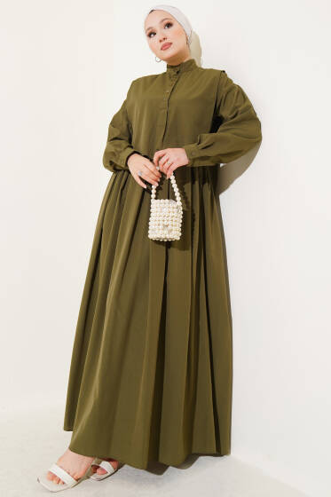 Pelerin Detaylı Yarım Düğmeli Elbise Haki - Elbise
