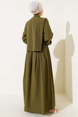Pelerin Detaylı Yarım Düğmeli Elbise Haki - Tesettür Elbise
