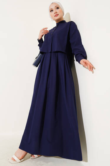 Pelerin Detaylı Yarım Düğmeli Elbise Lacivert - Elbise