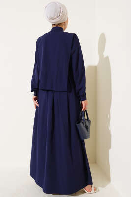 Pelerin Detaylı Yarım Düğmeli Elbise Lacivert - Tesettür Elbise