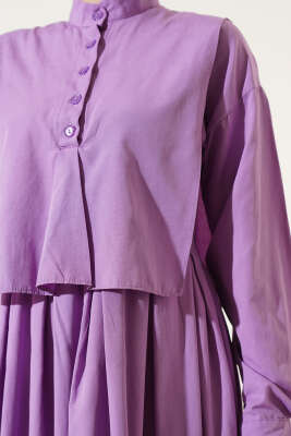 Pelerin Detaylı Yarım Düğmeli Elbise Lila - 500-700 TL Ürünler