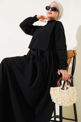 Pelerin Detaylı Yarım Düğmeli Elbise Siyah - Tesettür Elbise