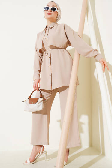 Pelerin Parçalı İp Kuşaklı İkili Takım Bej - İkili Takım