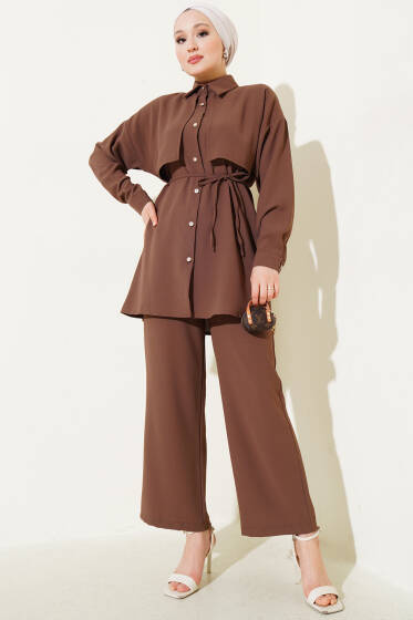 Pelerin Parçalı İp Kuşaklı İkili Takım Kahve - İkili Takım