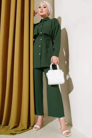 Pelerin Parçalı İp Kuşaklı İkili Takım Yeşil - İkili Takım