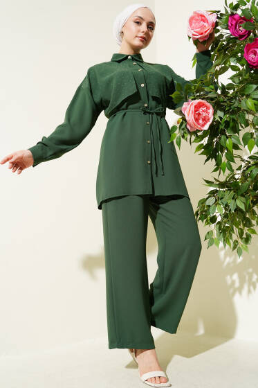 Pelerin Taşlı İp Kuşaklı İkili Takım Haki - İkili Takım