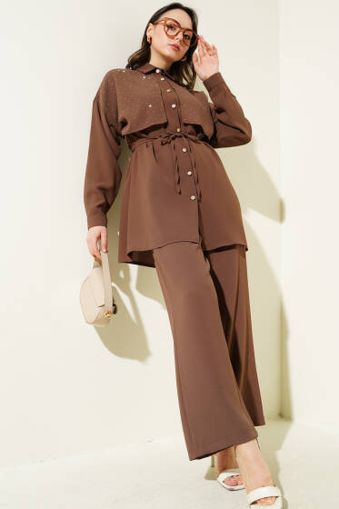 Pelerin Taşlı İp Kuşaklı İkili Takım Kahve - İkili Takım