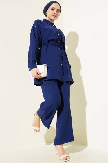 Pelerin Taşlı İp Kuşaklı İkili Takım Lacivert - İkili Takım