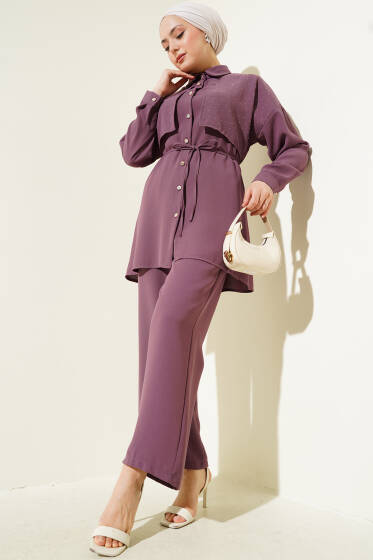 Pelerin Taşlı İp Kuşaklı İkili Takım Magenta - İkili Takım