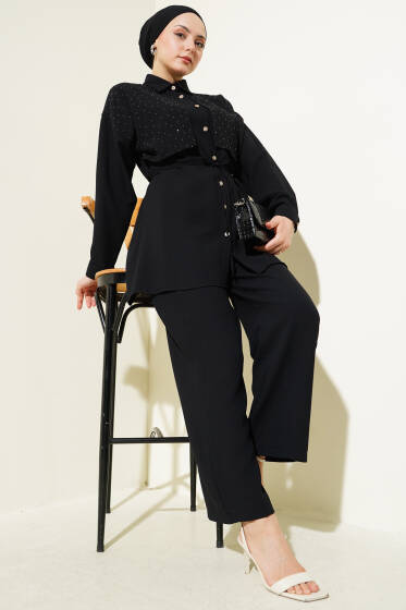 Pelerin Taşlı İp Kuşaklı İkili Takım Siyah - İkili Takım