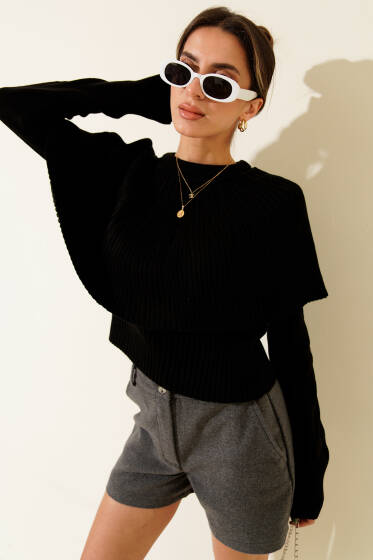 Pelerin Yaka Triko Kazak Siyah - Kadın Giyim Modelleri