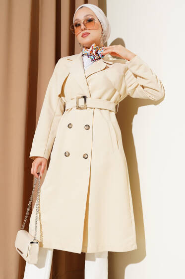 Pelerinli Altı Düğmeli Trençkot Krem - Trençkot