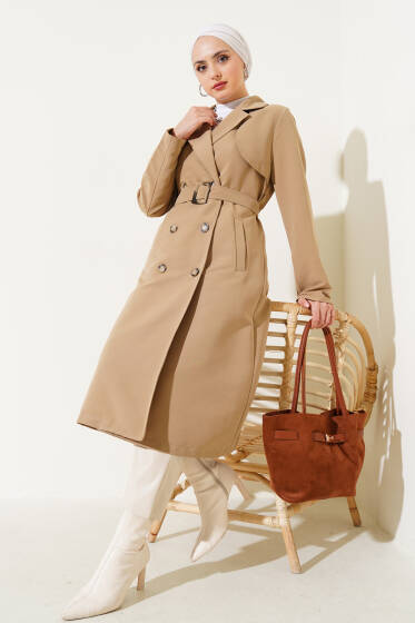 Pelerinli Altı Düğmeli Trençkot Latte - Trençkot