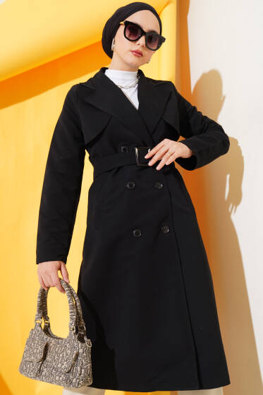 Pelerinli Altı Düğmeli Trençkot Siyah - Trençkot