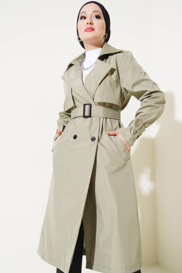Pelerinli Apoletli Trençkot Çağla Yeşili - Trençkot