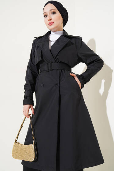 Pelerinli Apoletli Trençkot Siyah - Trençkot