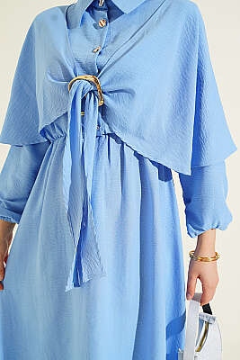 Pelerinli Bel Lastikli Yarım Düğmeli Elbise Mavi - Elbise